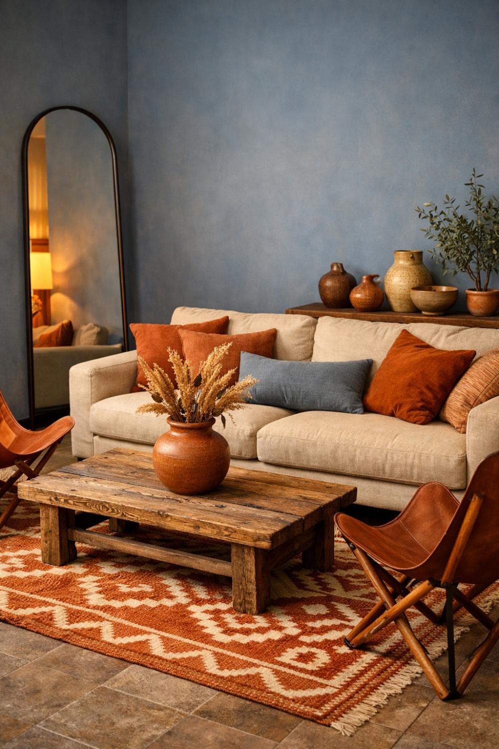 Blue Living Room With Warm Terracotta And Earthy Tones