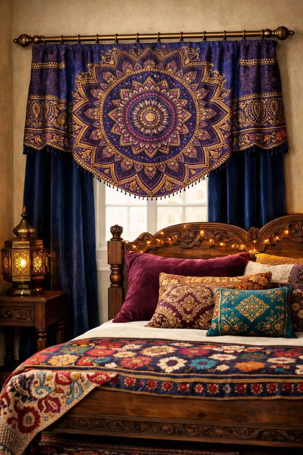 Bohemian Mandala Print Valance In Deep Jewel Tones For Bedroom Window