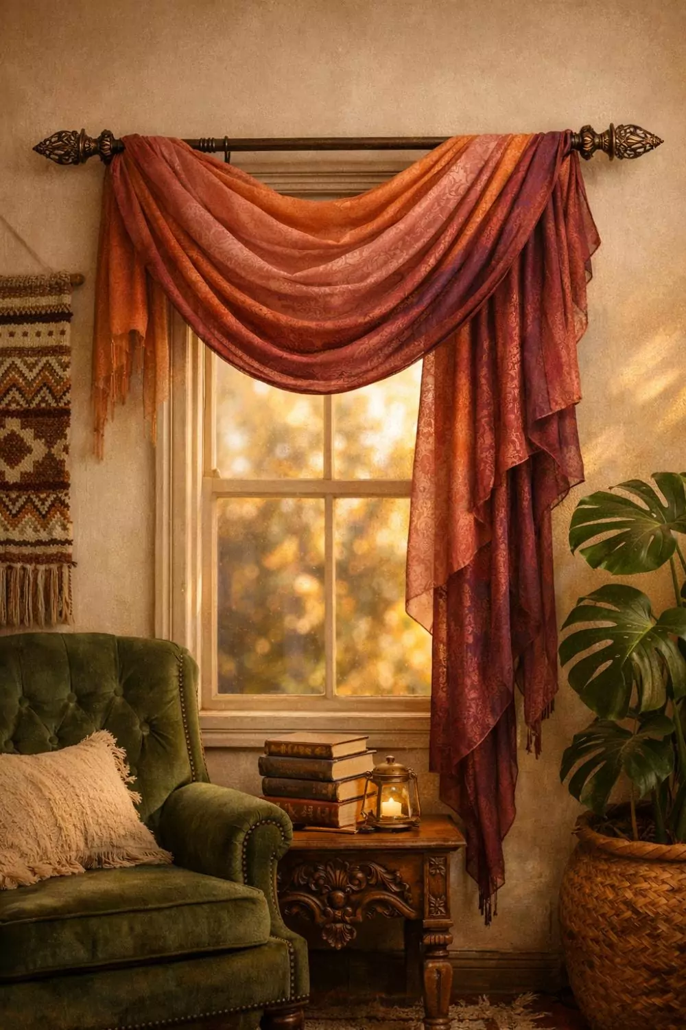 Bohemian Scarf Draped Window Valance In Flowing Silk For Living Room