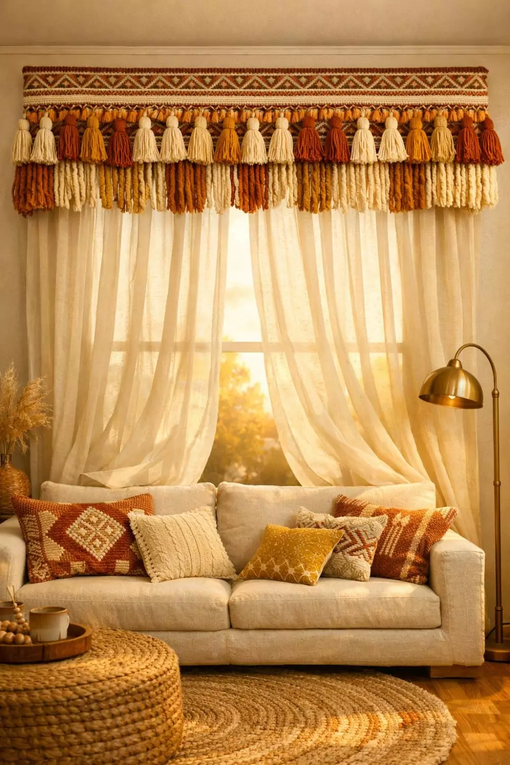 Bohemian Tassel Fringe Valance In Warm Earthy Tones For Living Room