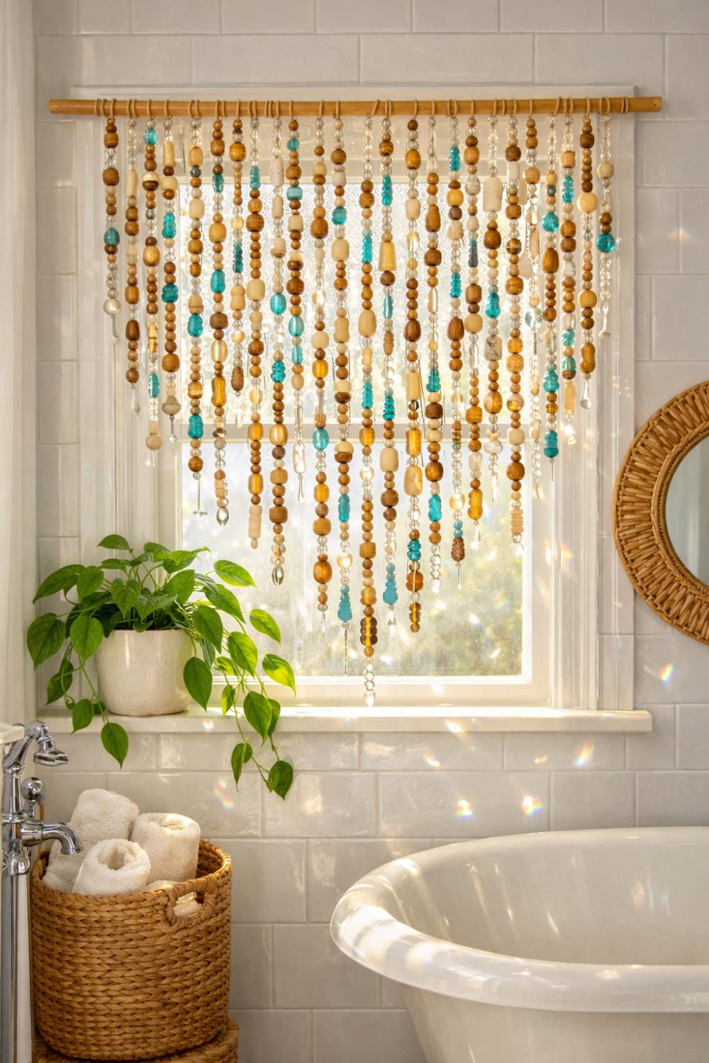 Boho Beaded Window Valance With Wooden And Glass Beads For Bathroom