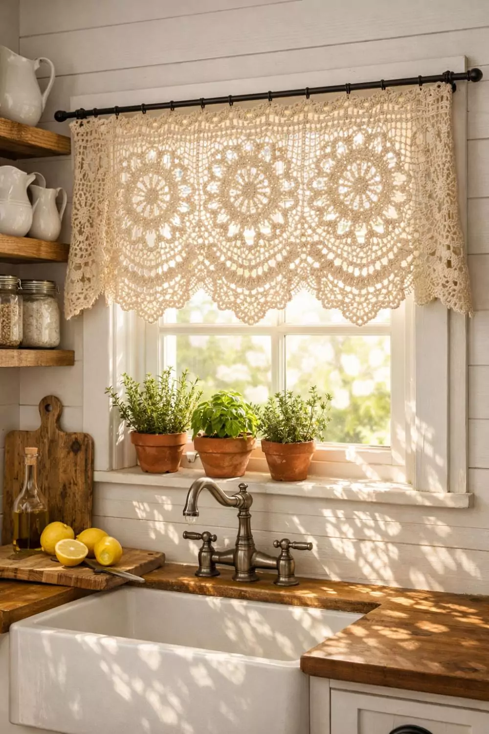 Boho Crochet Lace Valance With Scalloped Edge For Farmhouse Kitchen