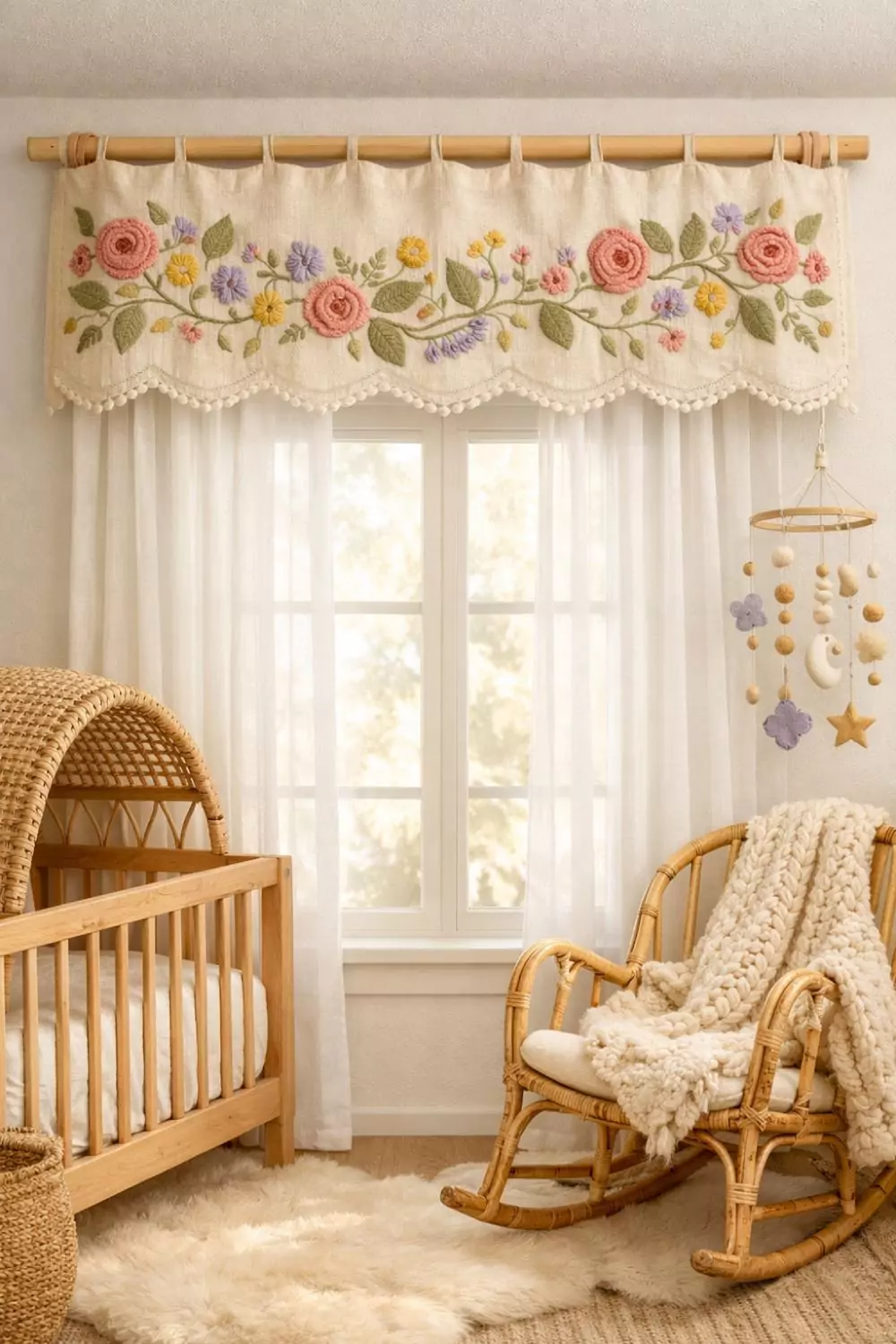 Boho Embroidered Floral Valance With Colorful Needlework For Nursery