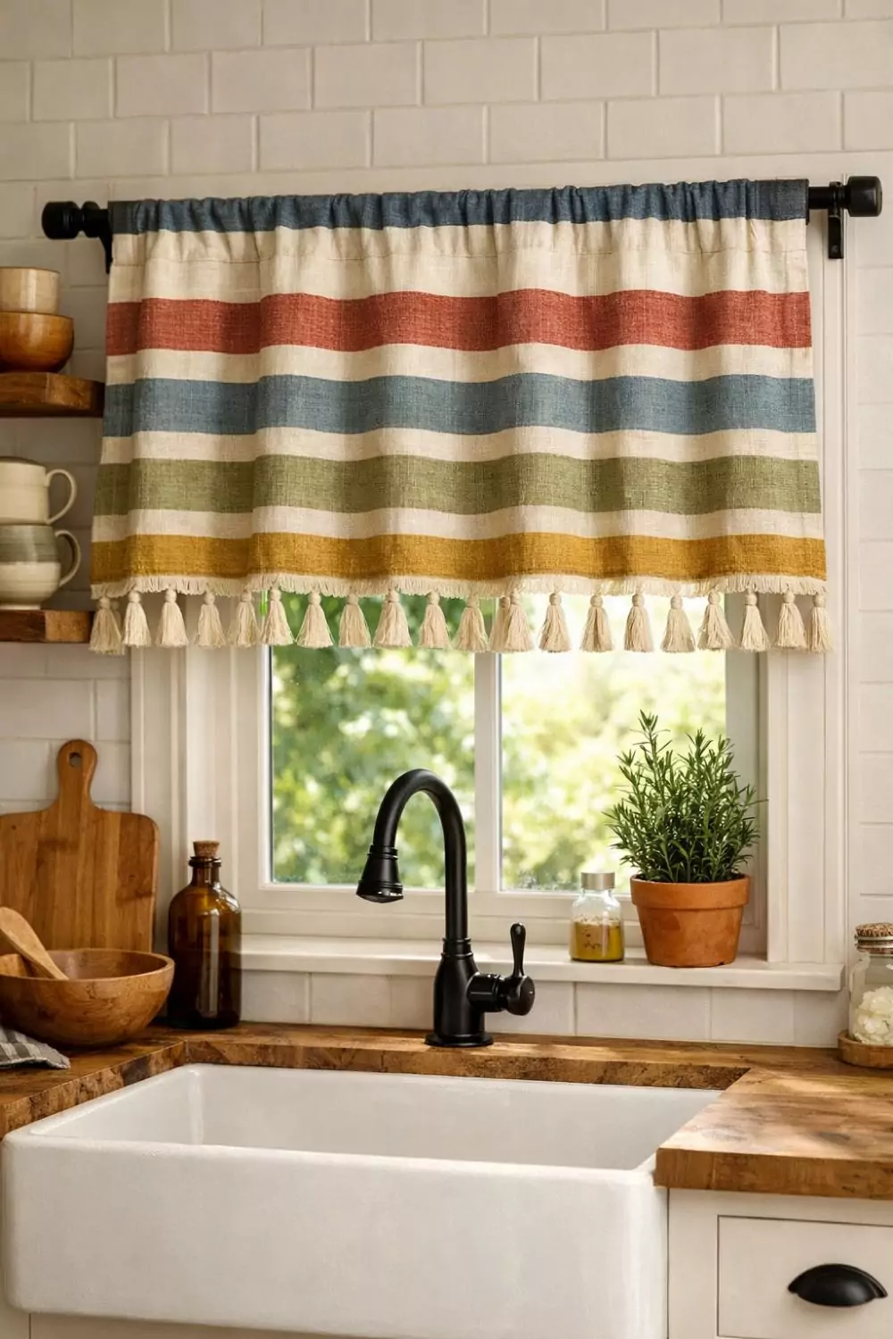 Boho Striped Cotton Kitchen Valance With Tassel Trim In Warm Colors