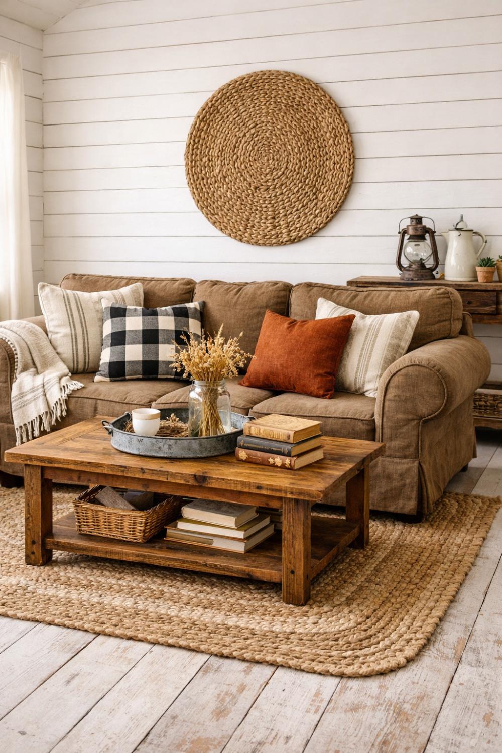 Brown Couch Farmhouse Living Room With Shiplap And Linen