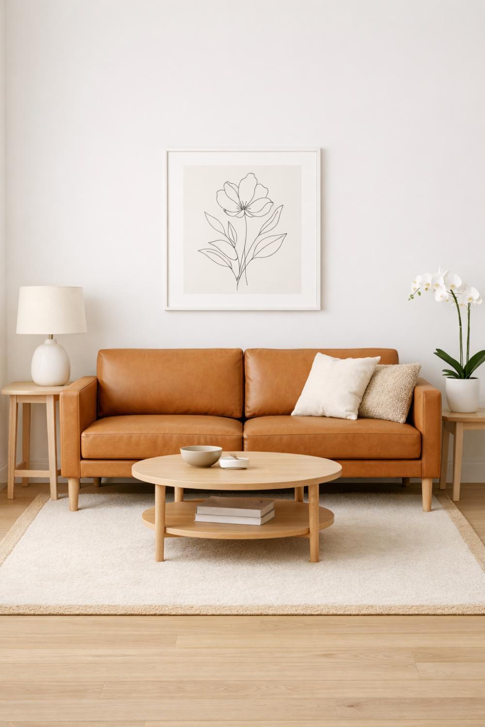 Brown Couch With White And Cream Minimalist Living Room