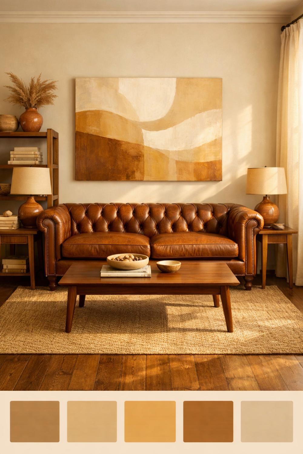 Brown Leather Couch With Ivory Walls And Wood Accents