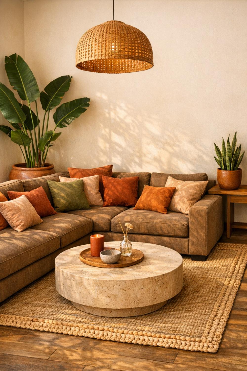 Brown Sectional Living Room With Terracotta Pillows And Plants