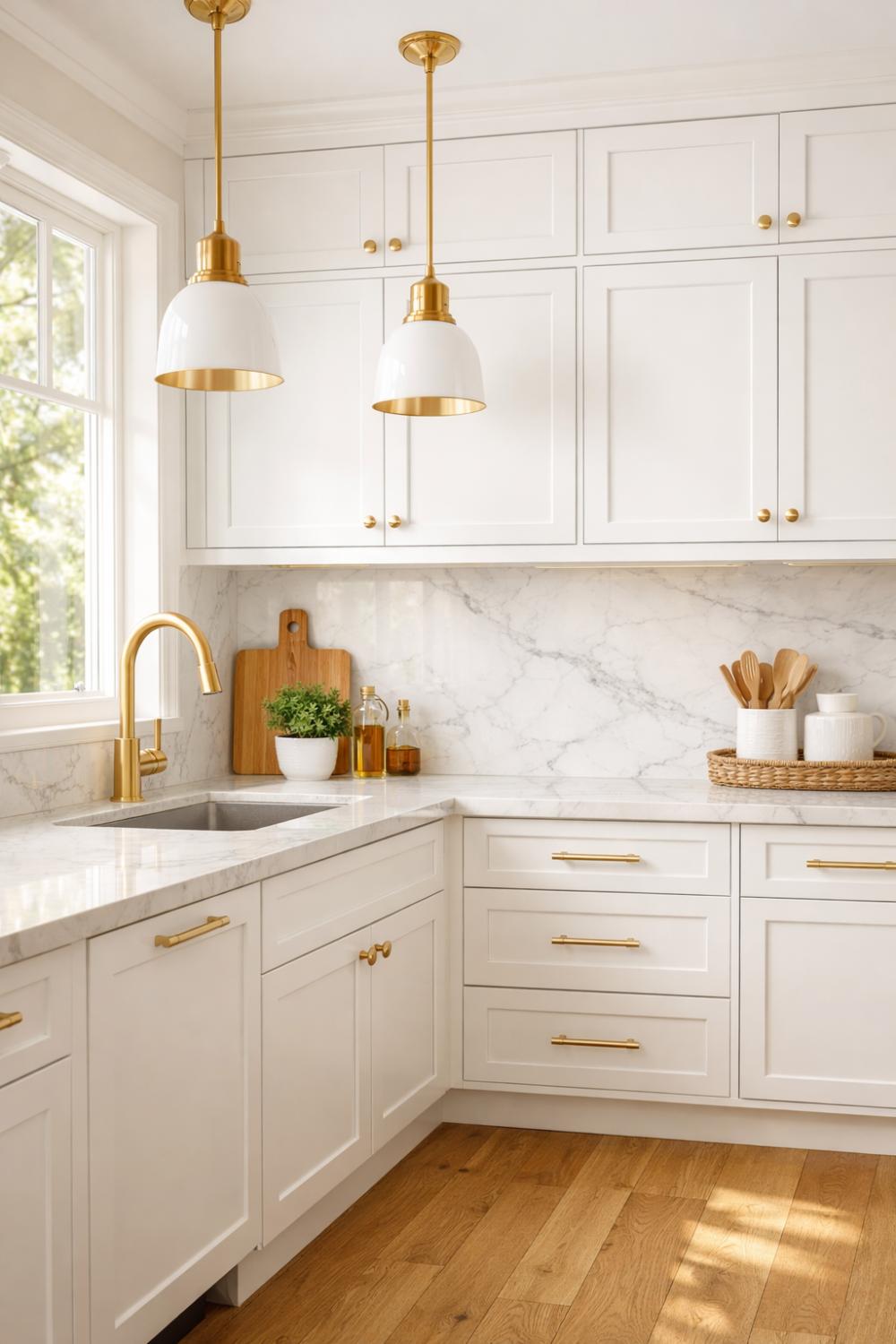 Brushed Gold Hardware On White Shaker Cabinets