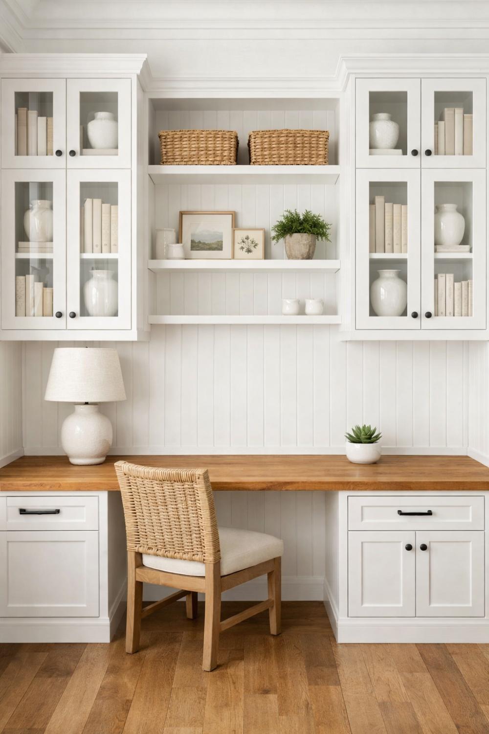 Built In White Cabinetry Wood Countertop Farmhouse Home Office