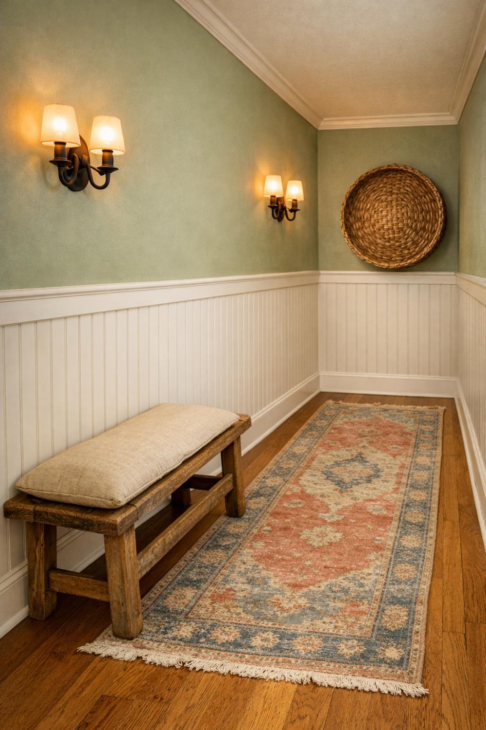 Charming Beadboard Hallway With Vintage Runner Rug