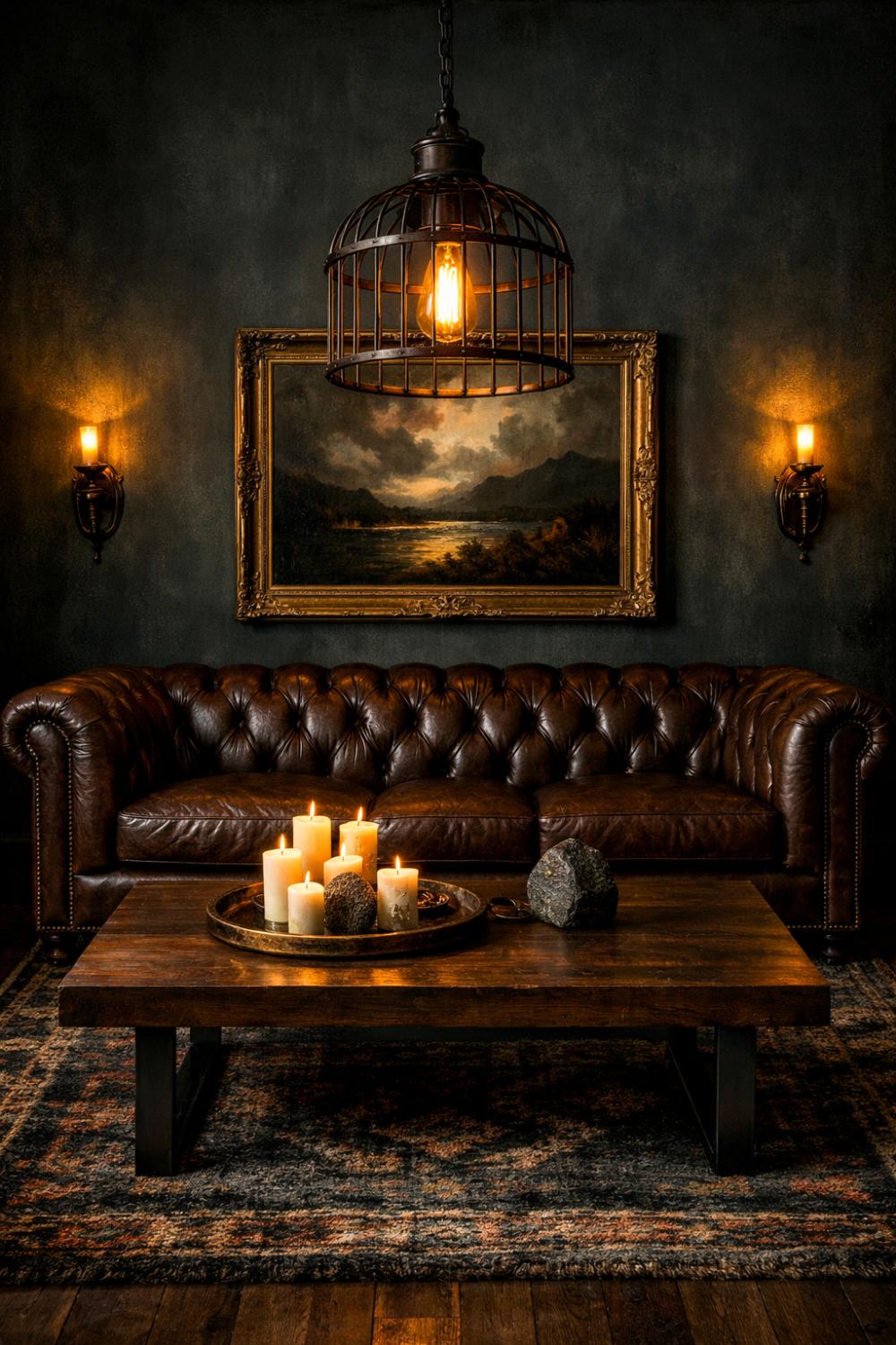 Chocolate Brown Sofa In A Moody Dark Living Room