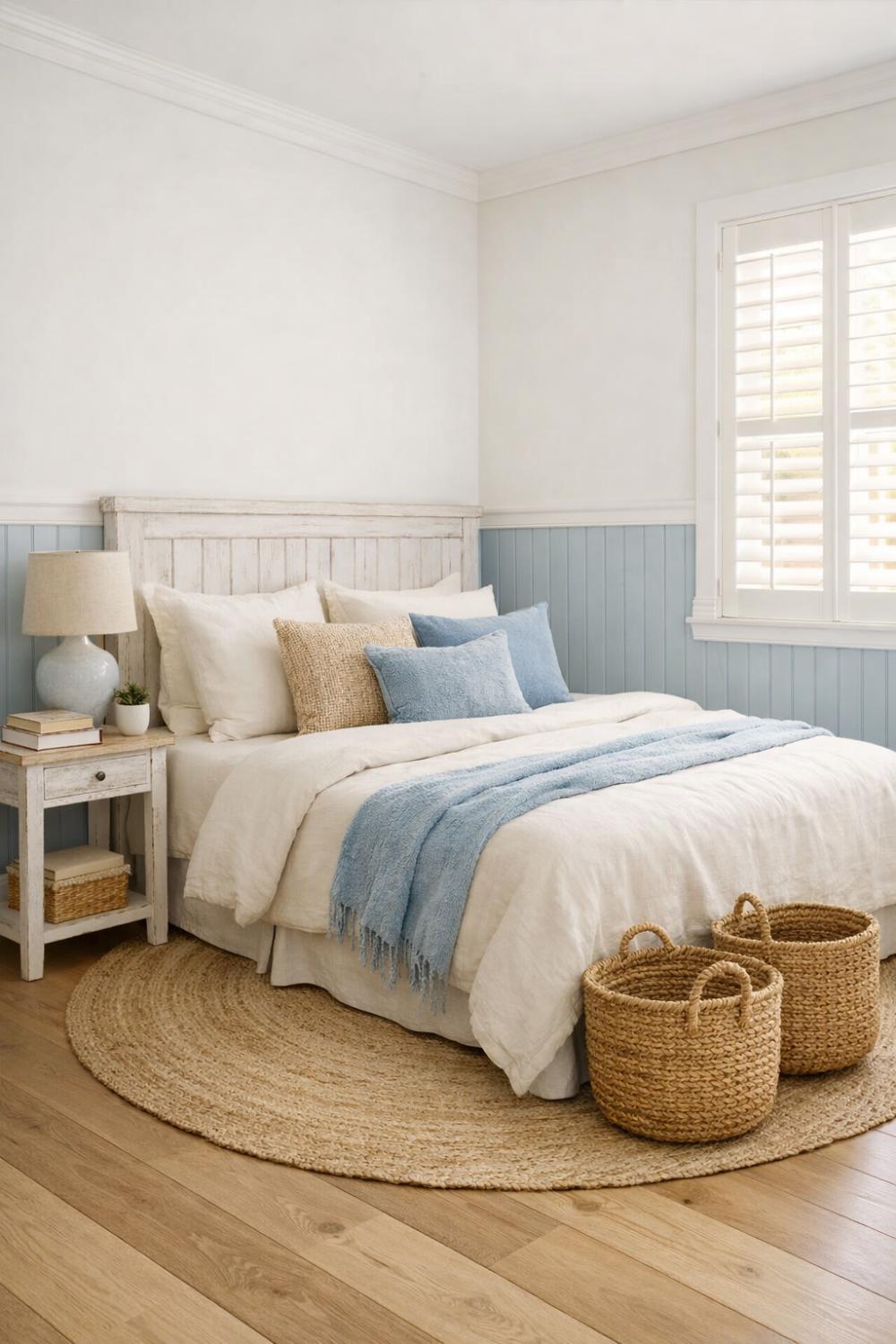 Coastal Blue Beadboard Wainscoting Bedroom