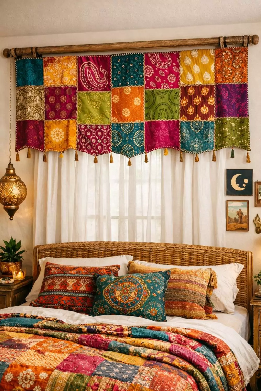Colorful Bohemian Patchwork Fabric Valance For Eclectic Bedroom Window