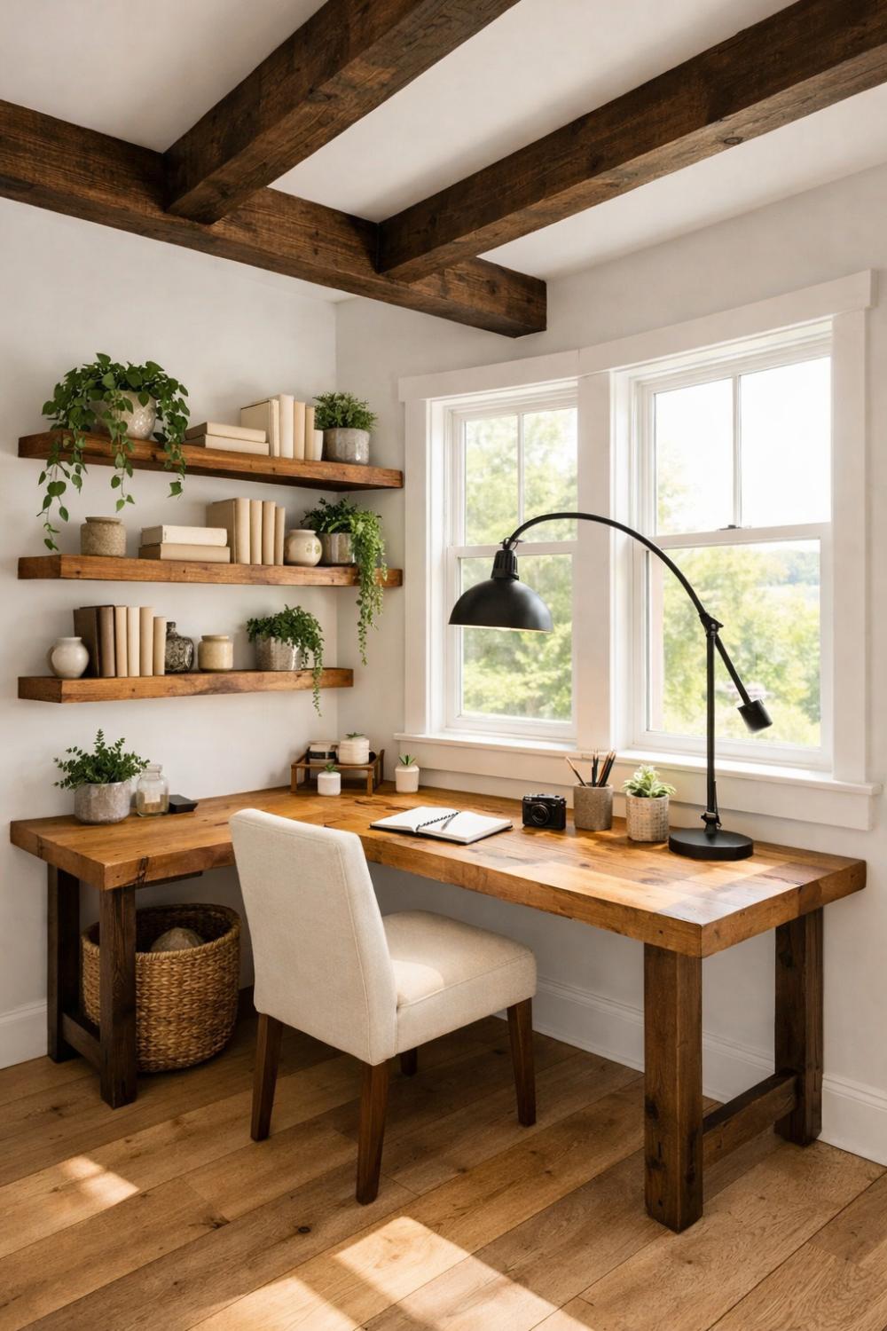 Corner Farmhouse Desk Exposed Wood Beams Home Office