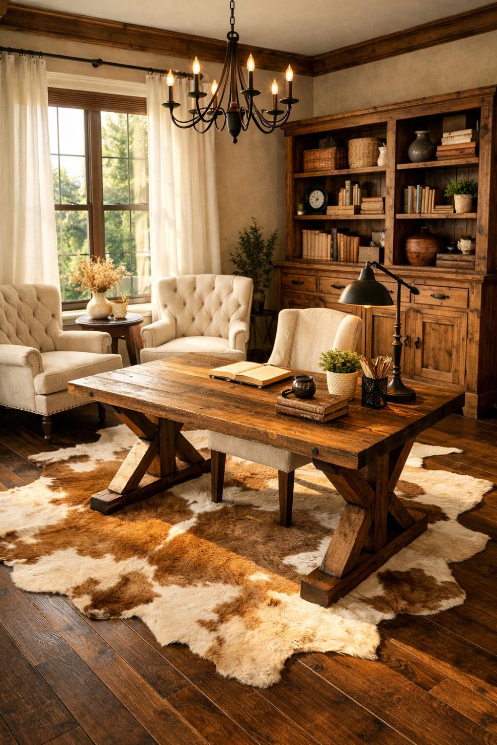 Cowhide Rug Dark Hardwood Farmhouse Home Office Floor
