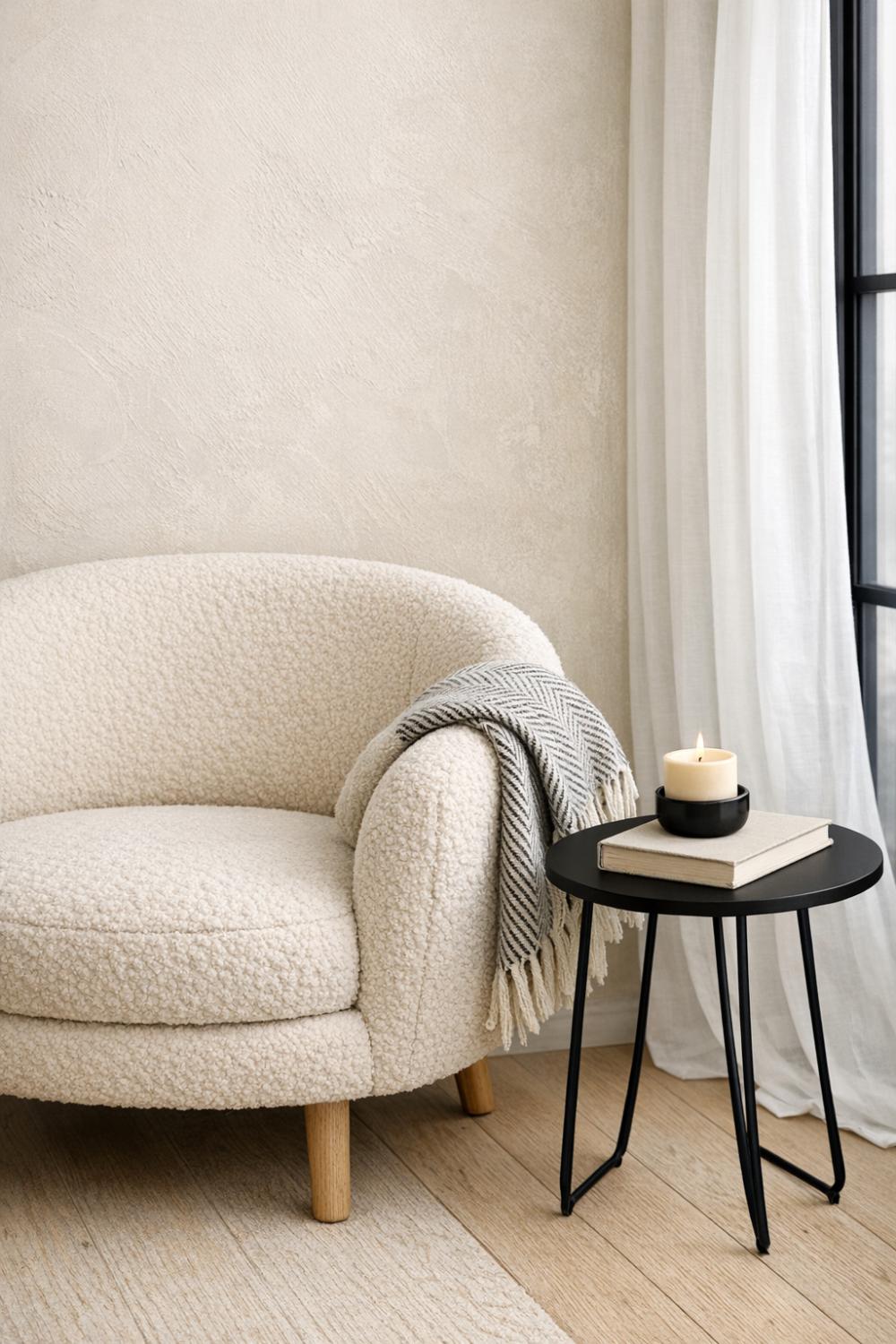 Cream Boucle Armchair Next To A Black Metal Side Table