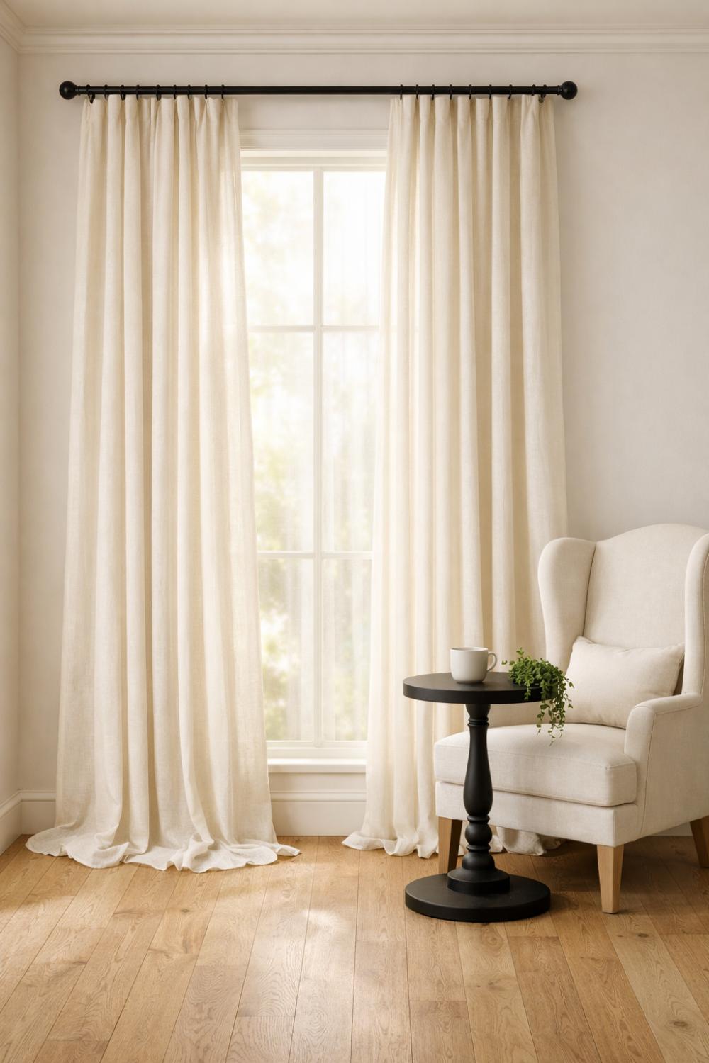 Cream Linen Curtains Paired With Matte Black Curtain Rods