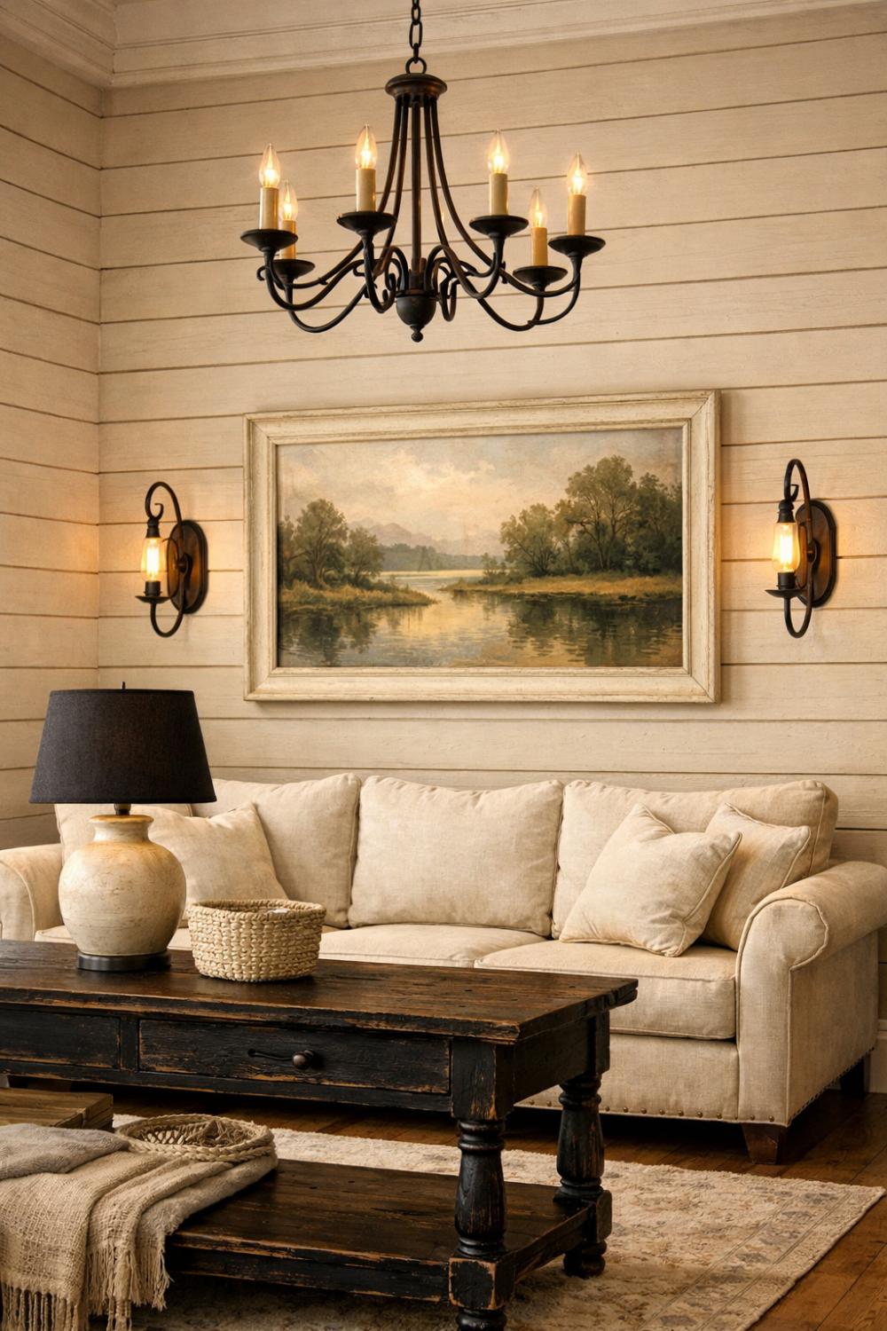 Cream Shiplap Walls With Black Wrought Iron Light Fixtures