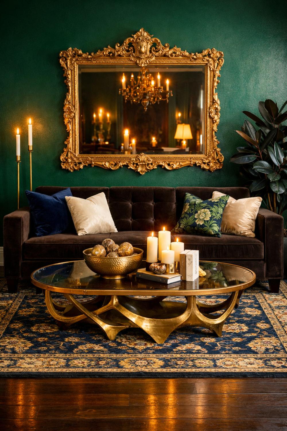 Dark Brown Couch With Emerald Green Walls And Gold Accents
