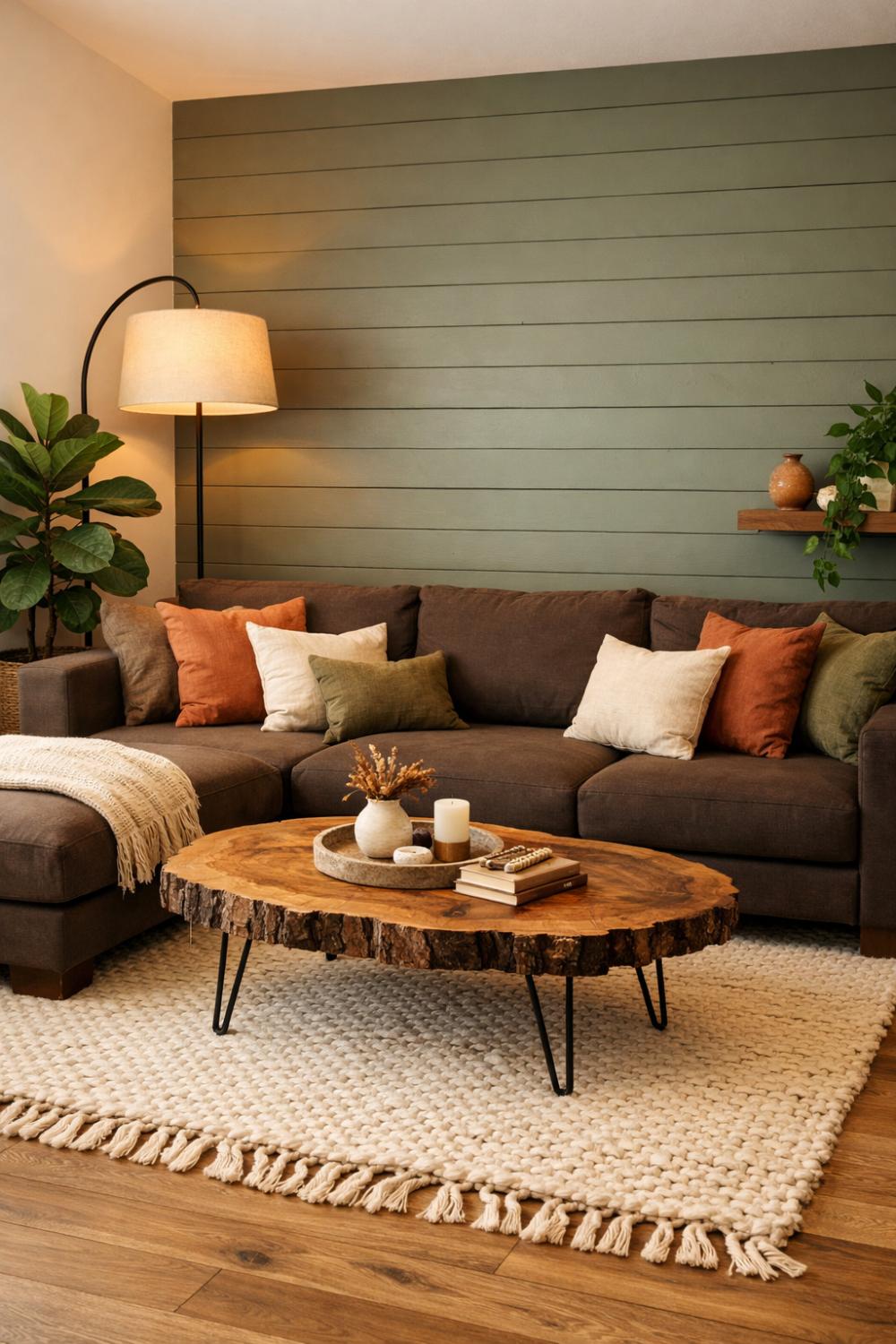 Dark Brown Sectional With Sage Green Accent Wall