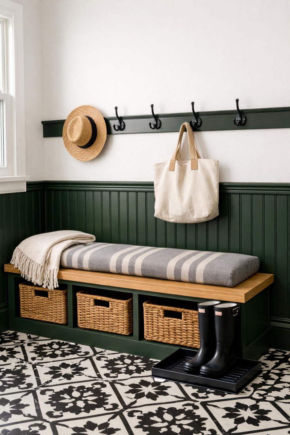 Dark Green Beadboard Wainscoting Mudroom