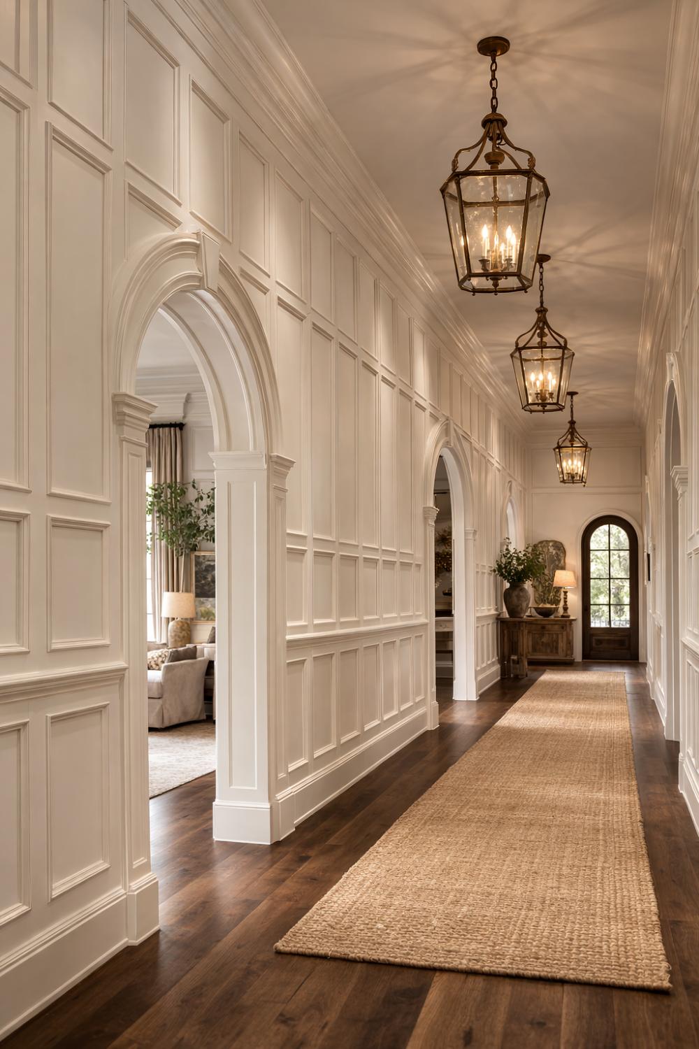 Dramatic Floor To Ceiling Wainscoting With Arched Doorways