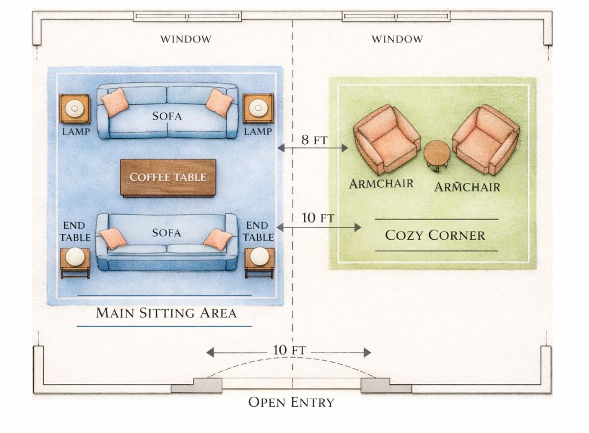 Dual Conversation Area Layout For A Large 20x20 Family Room