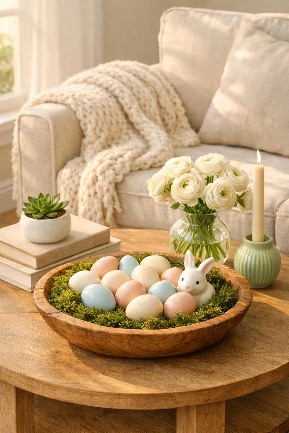 Easter Coffee Table Vignette With Natural Moss Nest And Faux Eggs