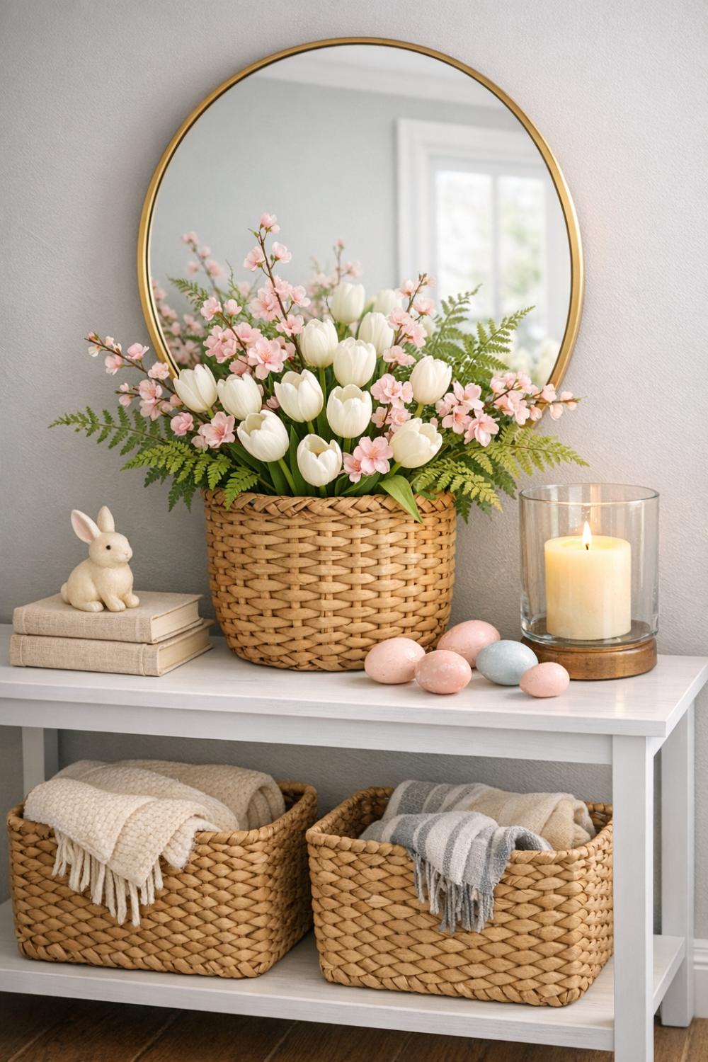 Easter Entryway Console With Spring Basket Arrangement