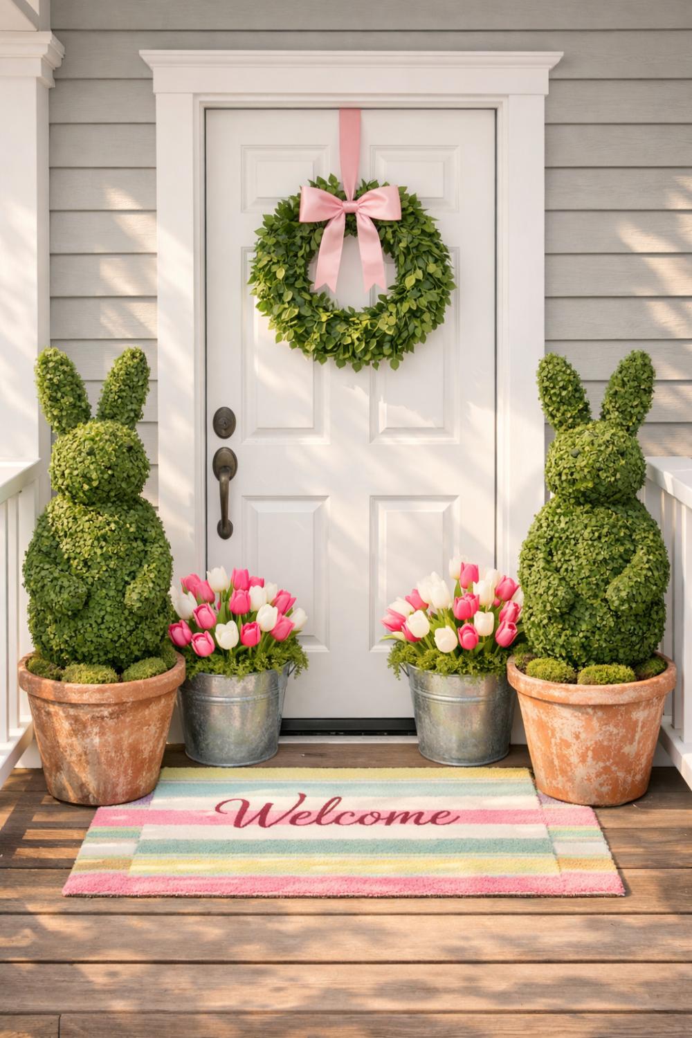 Easter Porch With Potted Tulips And Bunny Topiaries