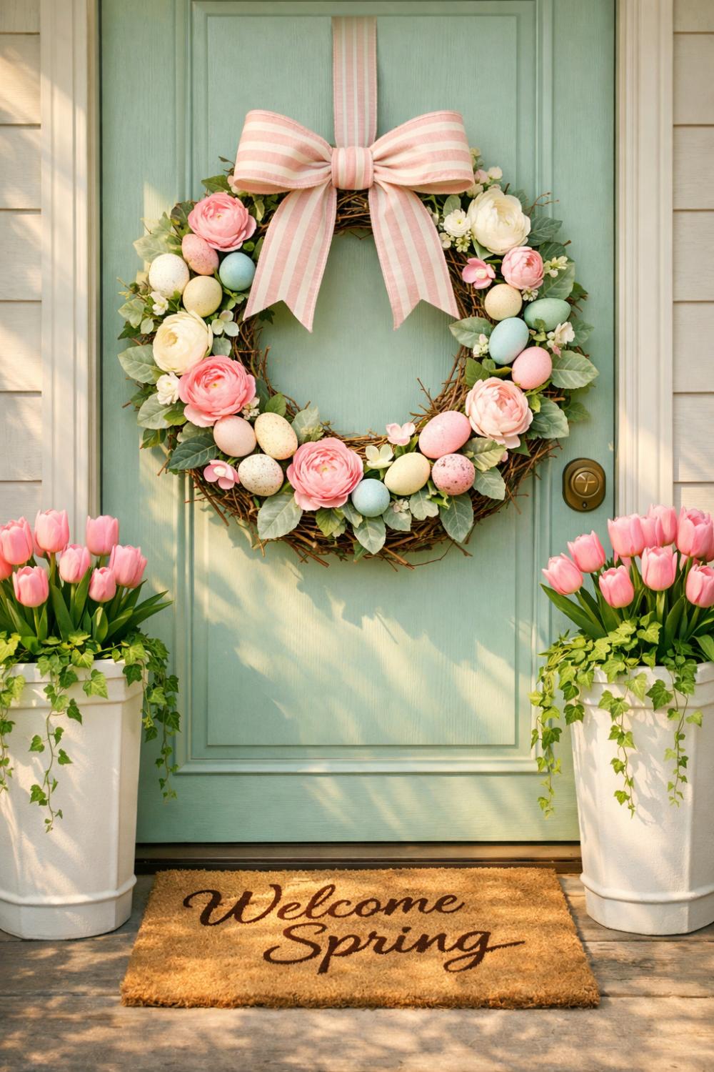 Easter Wreath On A Pastel Front Door