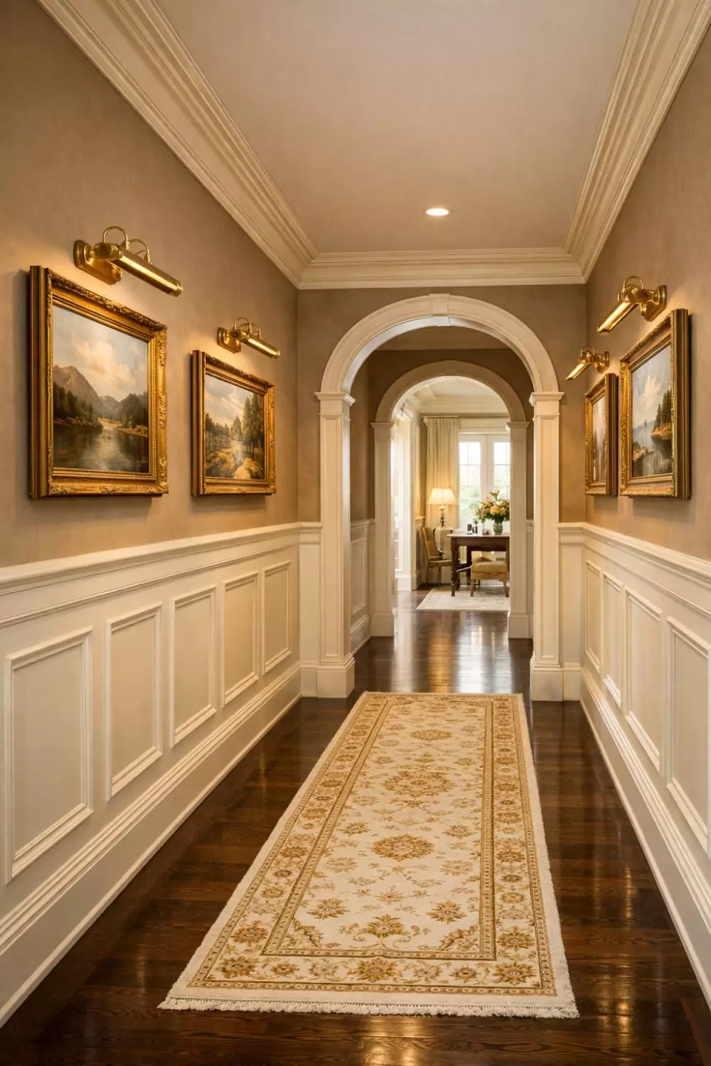 Elegant Raised Panel Wainscoting Hallway With Brass Sconces