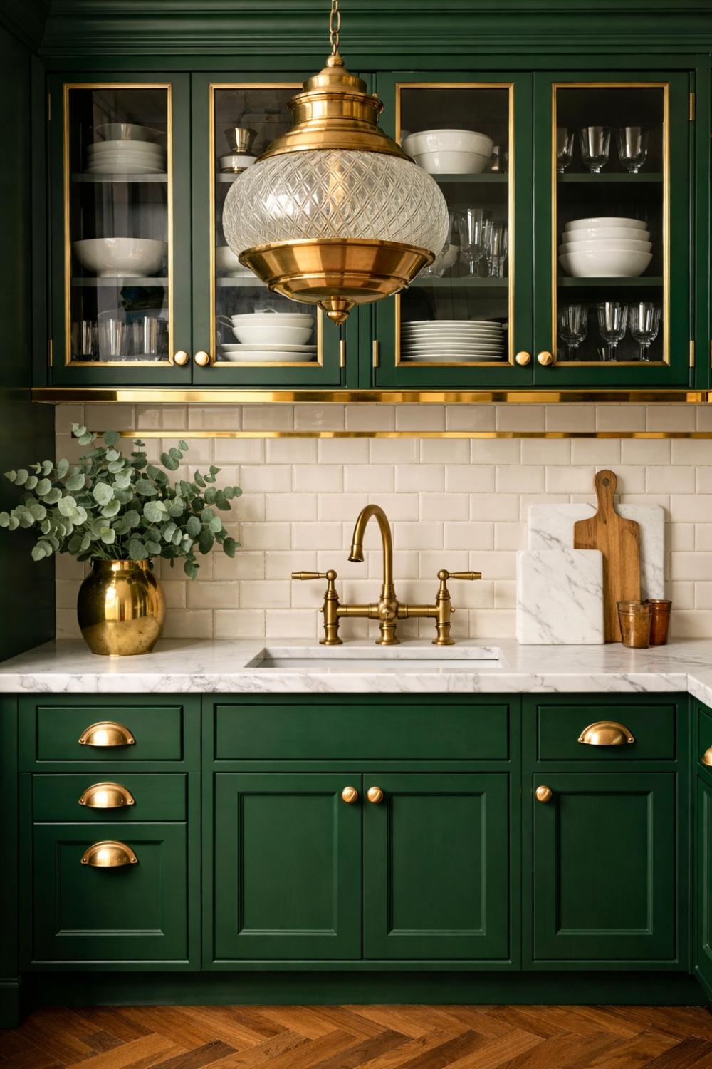 Emerald Green Art Deco Kitchen Cabinets With Brass Hardware