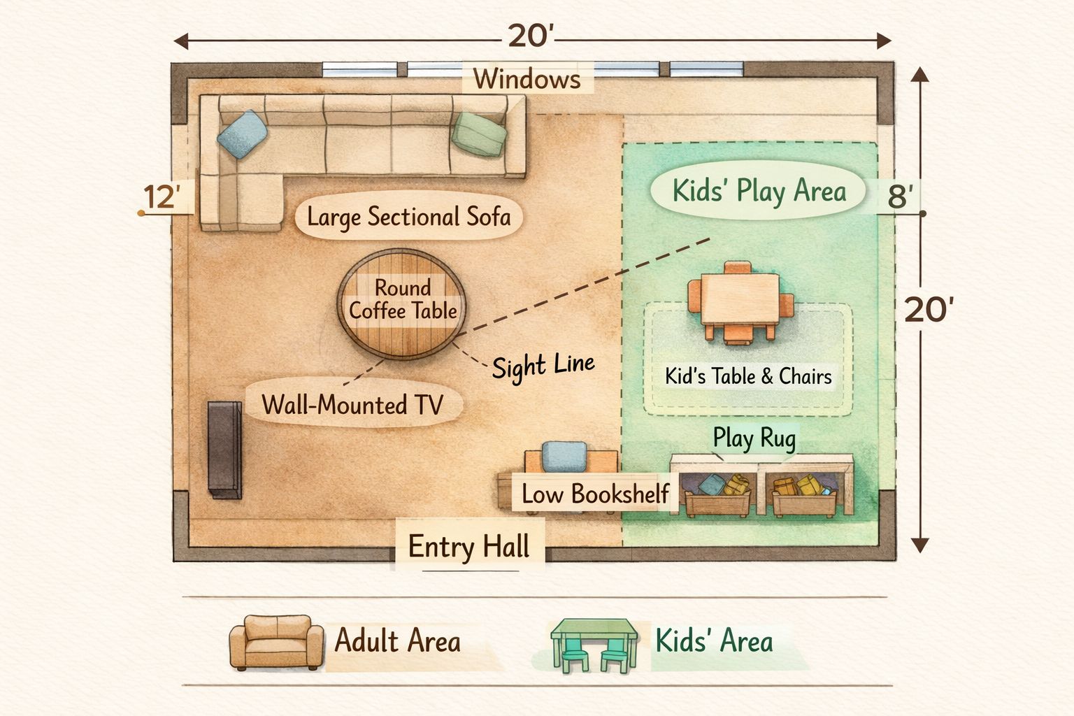 Family Friendly 20x20 Living Room Layout With Kids Play Zone