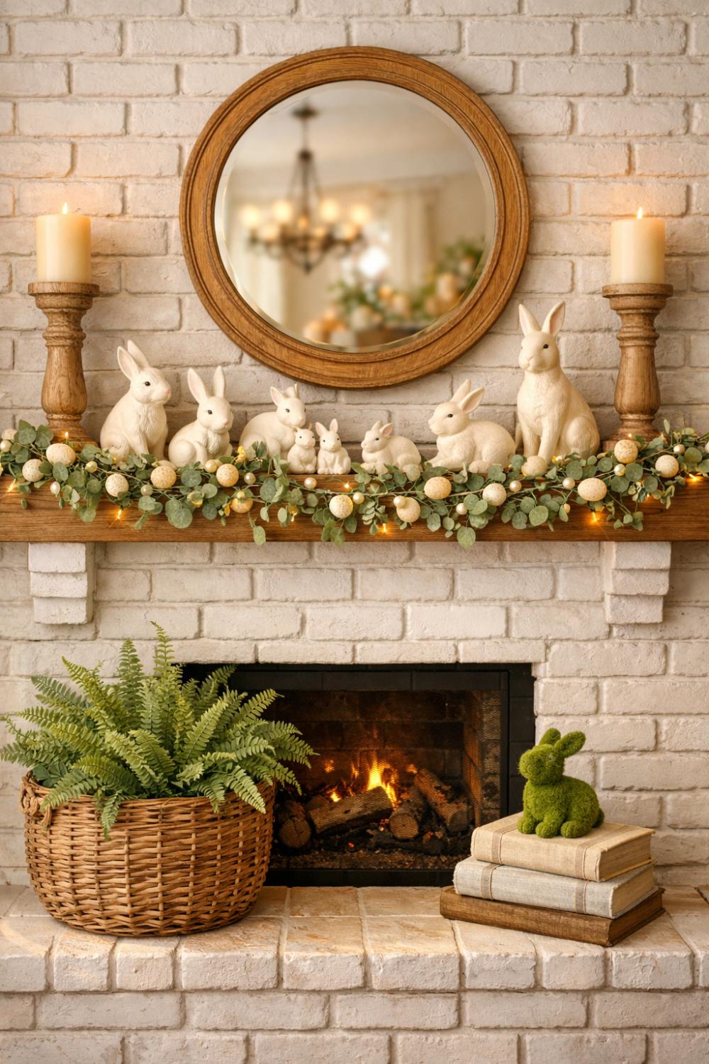 Farmhouse Easter Mantel With Bunny Figurines