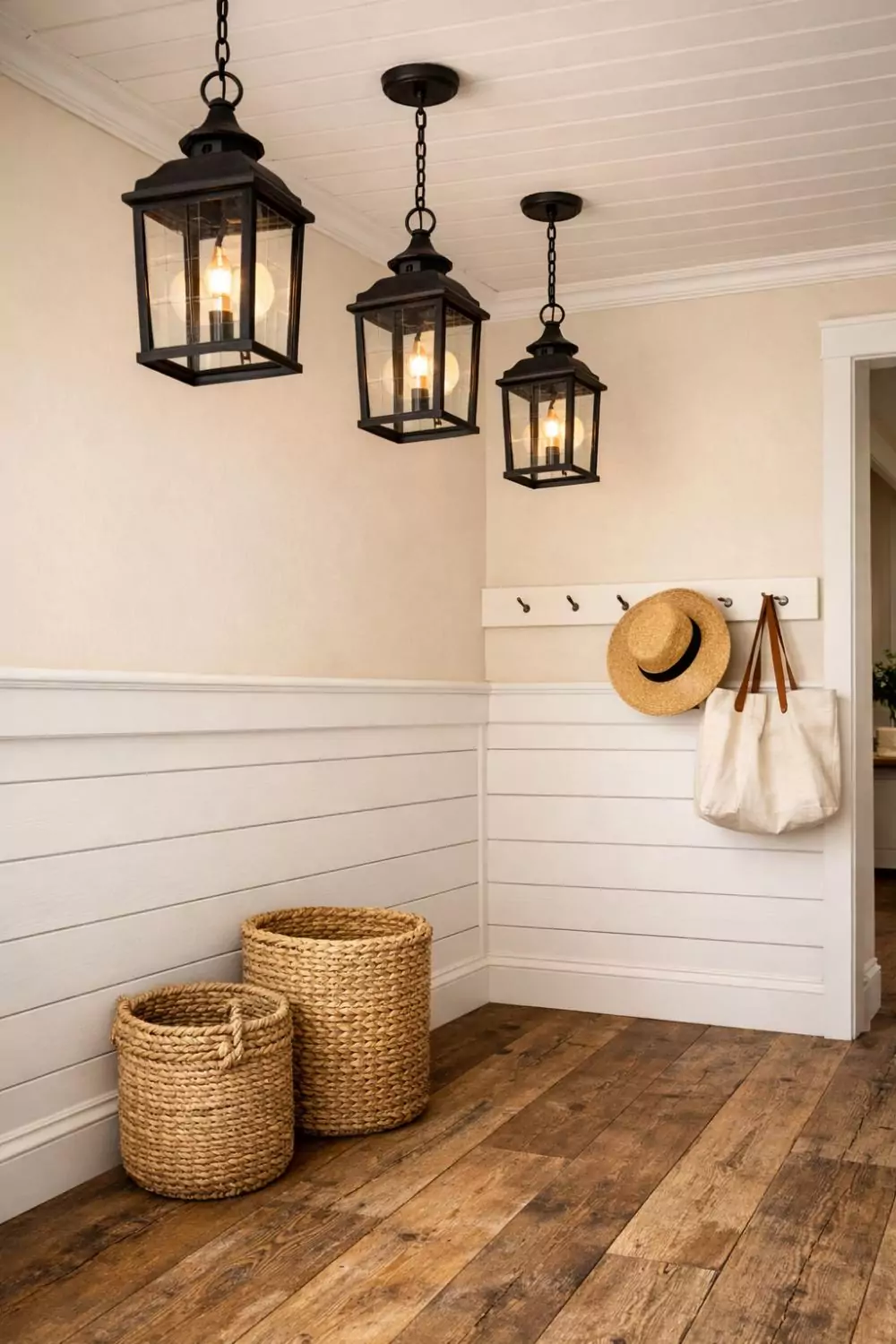 Farmhouse Shiplap Wainscoting Hallway With Hanging Lanterns
