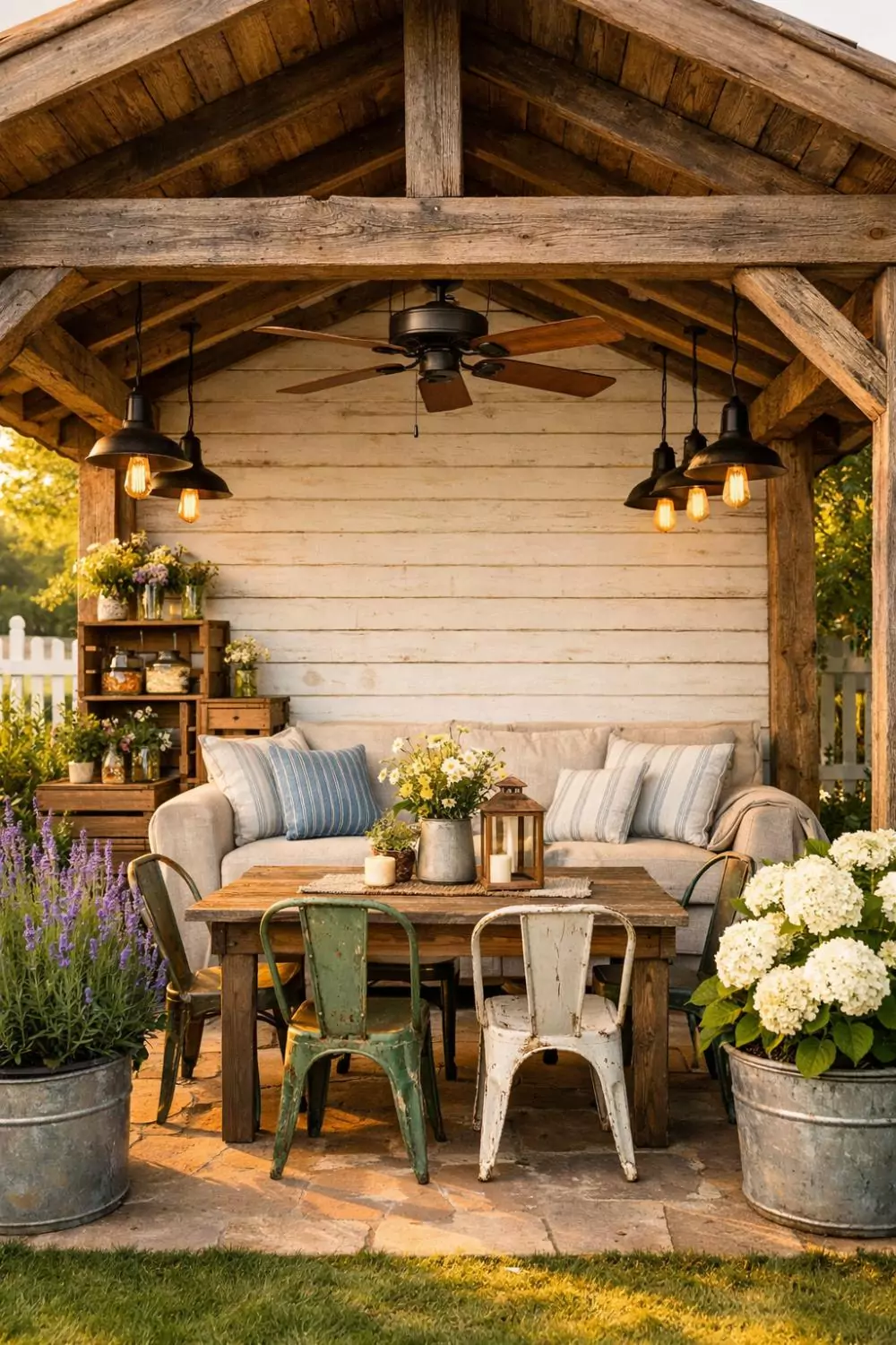 Farmhouse Style Backyard Cabana With Reclaimed Wood Beams