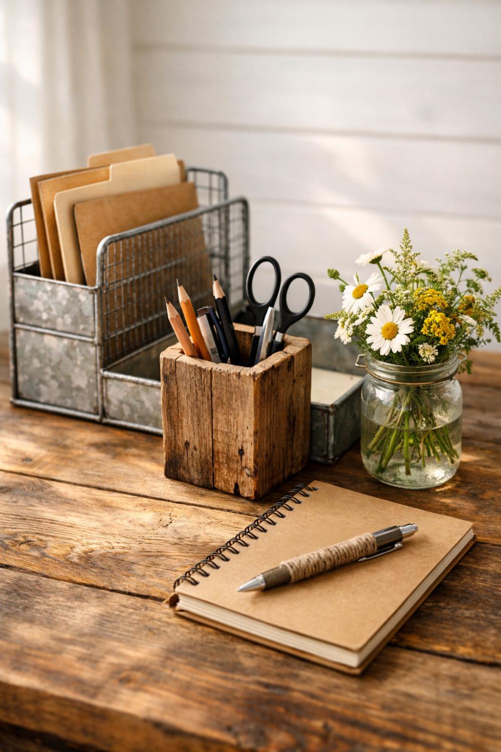 Galvanized Metal Reclaimed Wood Farmhouse Office Desk Accessories