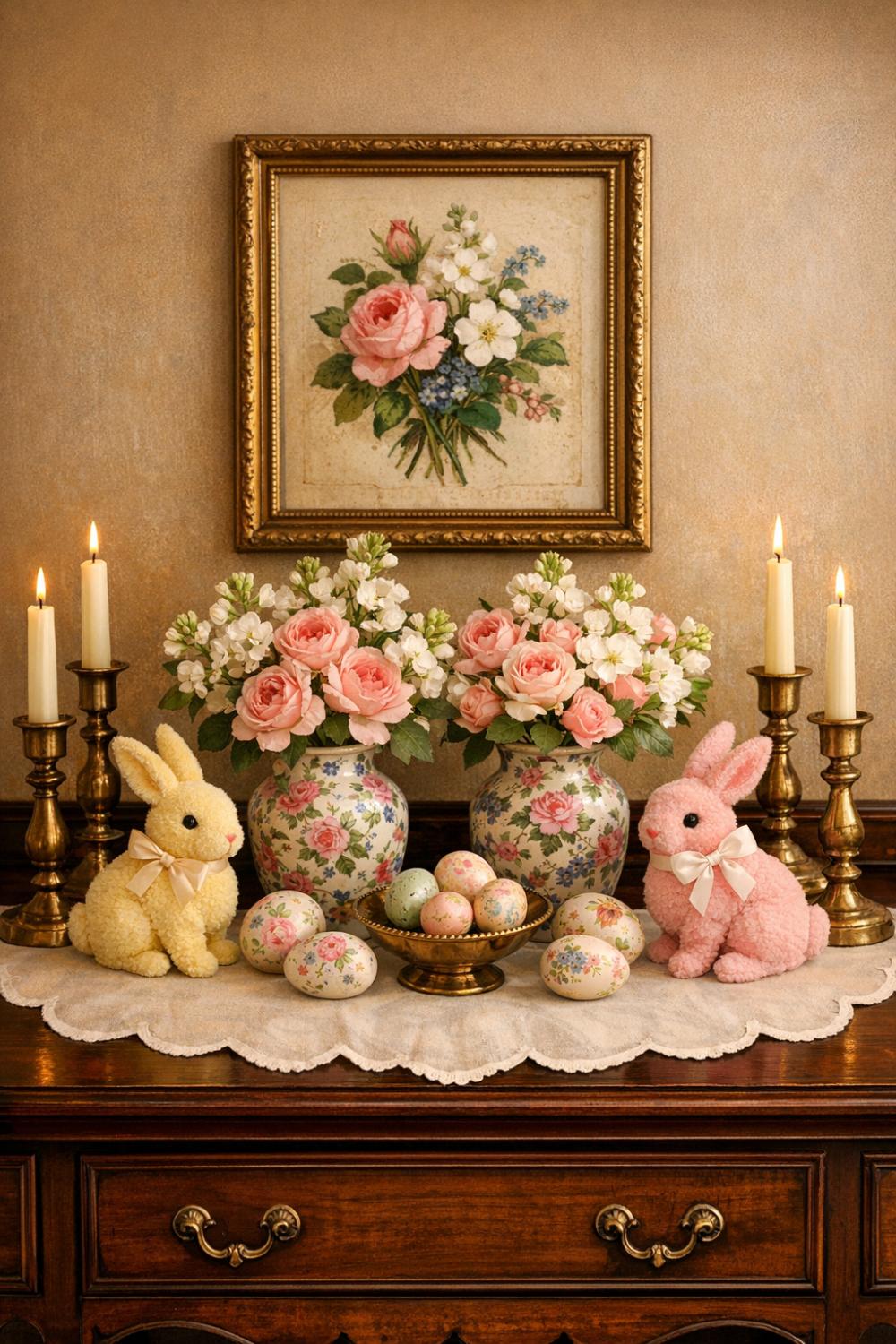 Grand Millennial Easter Display With Vintage Ceramics