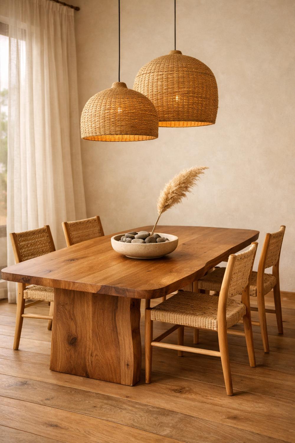 Japandi Dining Room Ideas With Organic Wood Table And Rattan Chairs