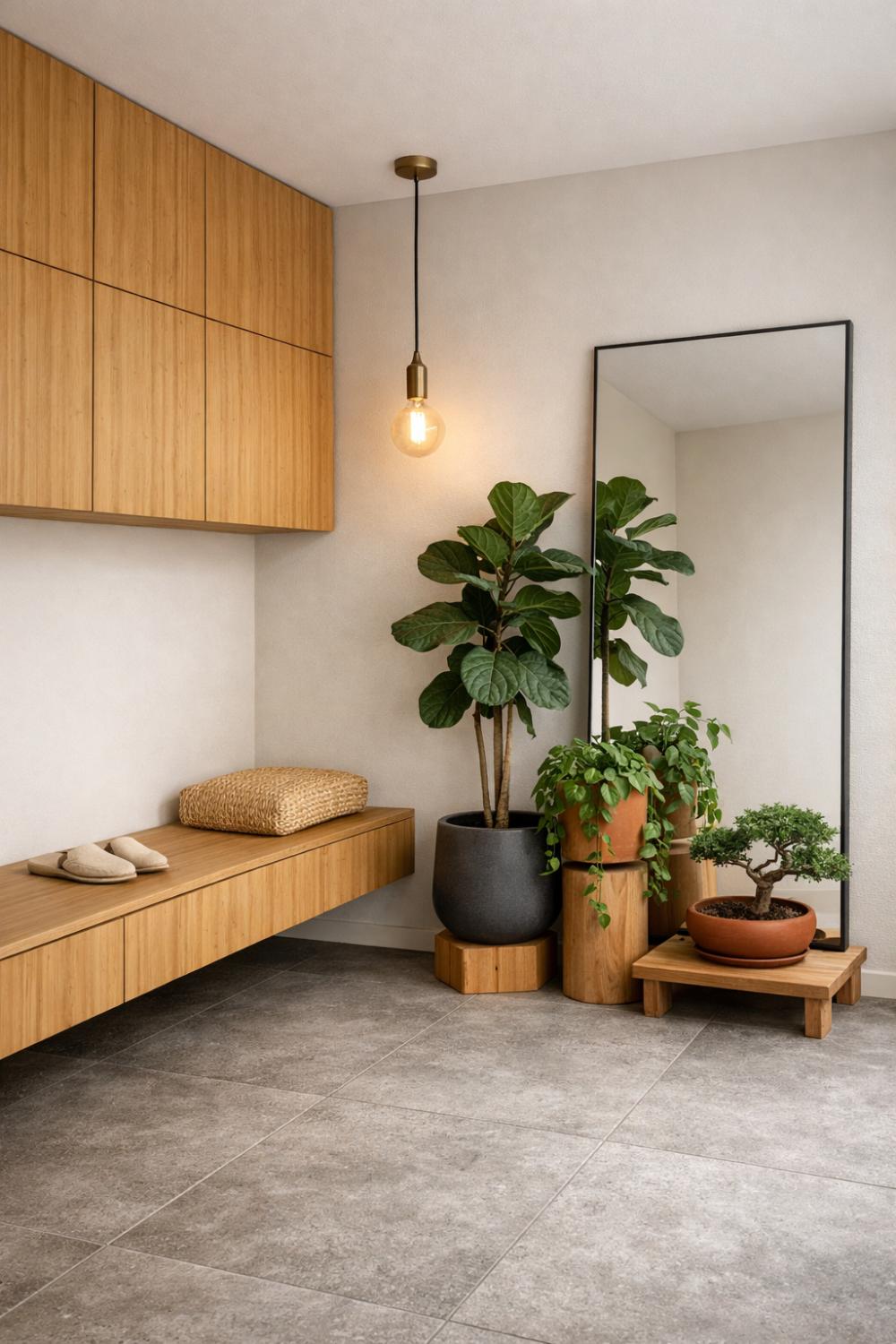 Japandi Entryway Ideas With Bamboo Storage And Indoor Greenery