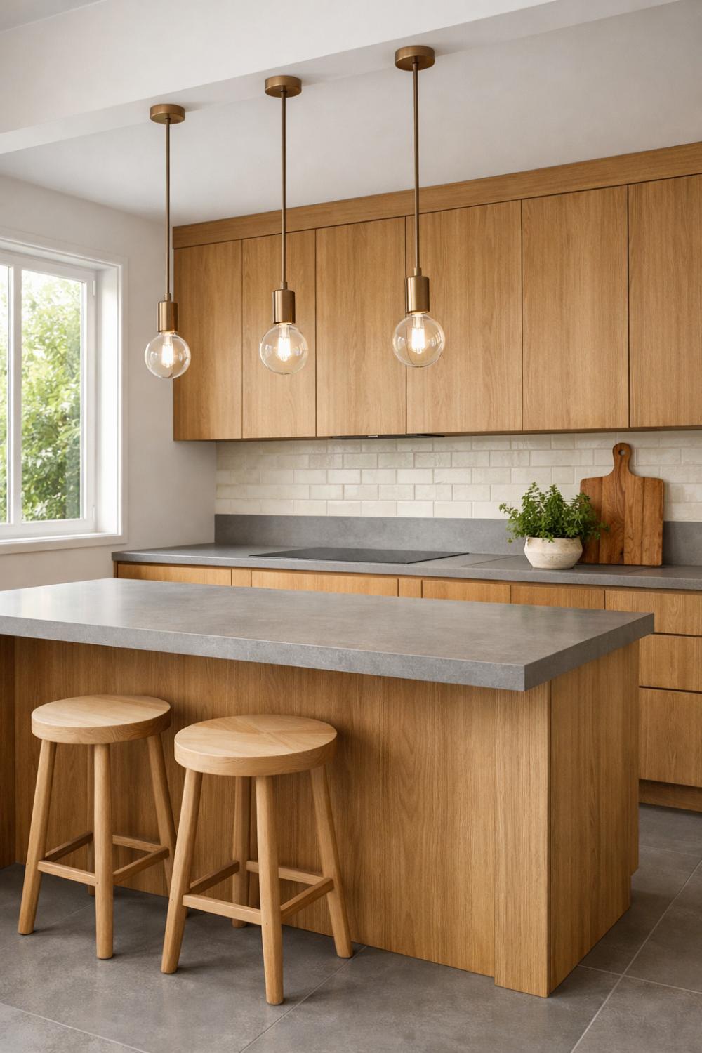 Japandi Kitchen Ideas With Handleless Oak Cabinets And Stone Countertops