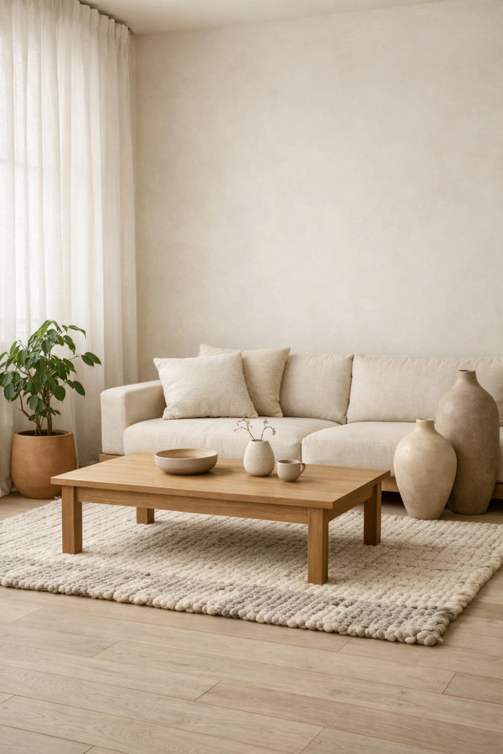 Japandi Living Room Ideas With Linen Sofa And Wood Coffee Table