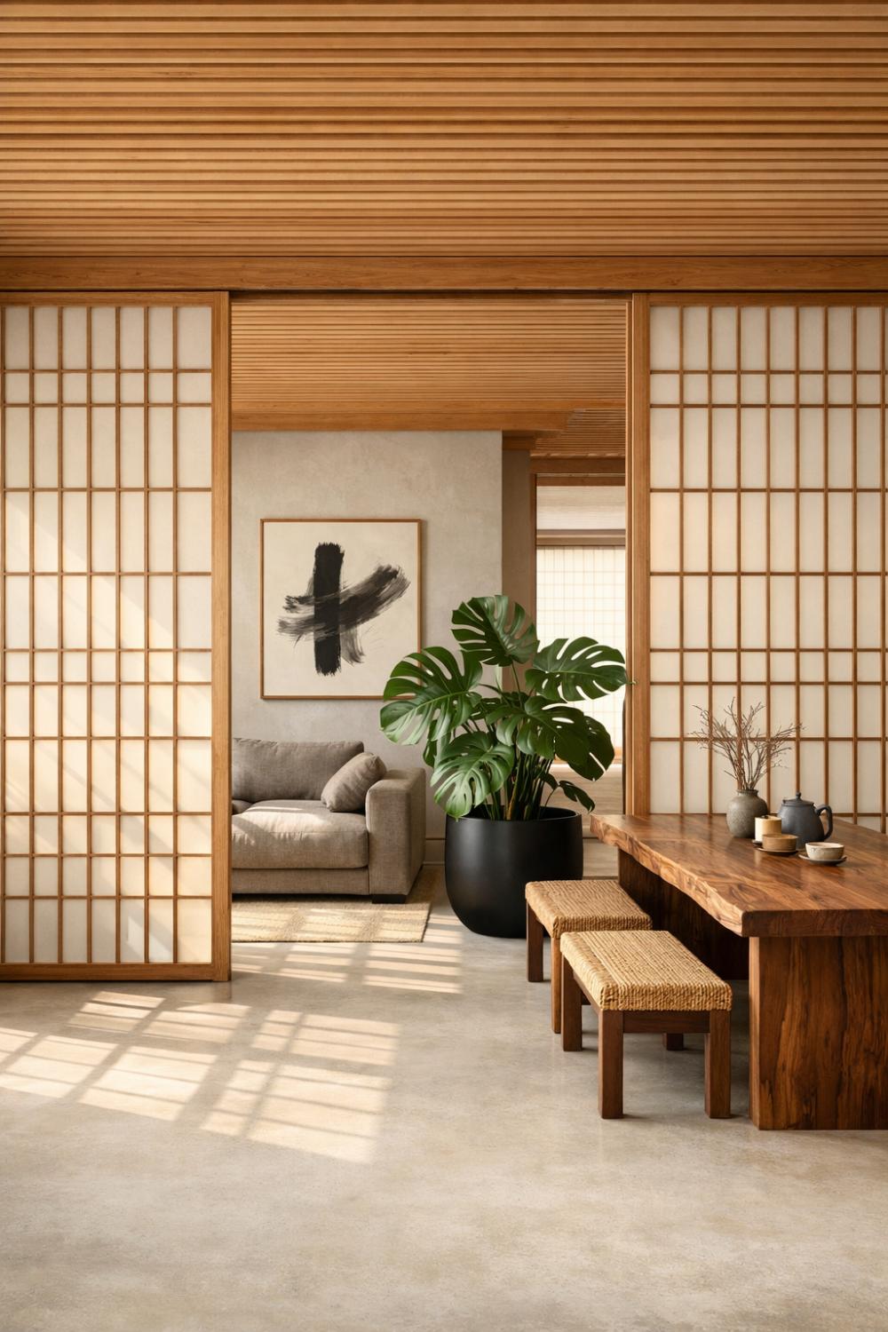 Japandi Open Plan Ideas With Sliding Wood Screen Room Dividers