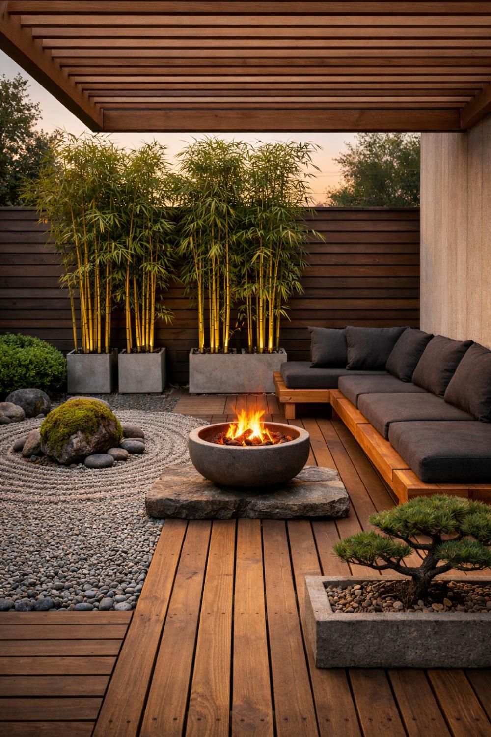 Japandi Outdoor Patio Ideas With Zen Garden And Natural Stone Seating
