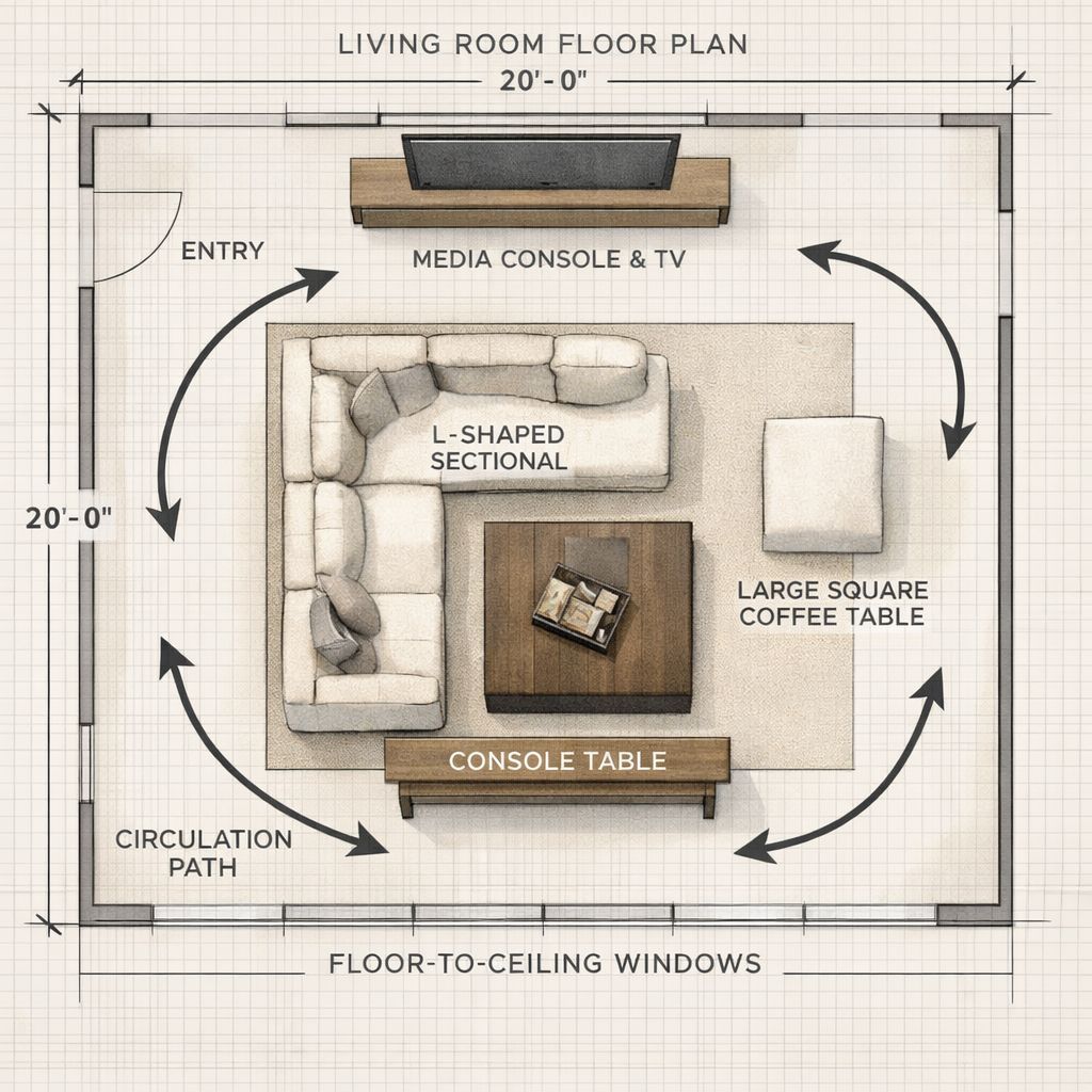 L Shaped Sectional With Floating Coffee Table In A Spacious Living Room