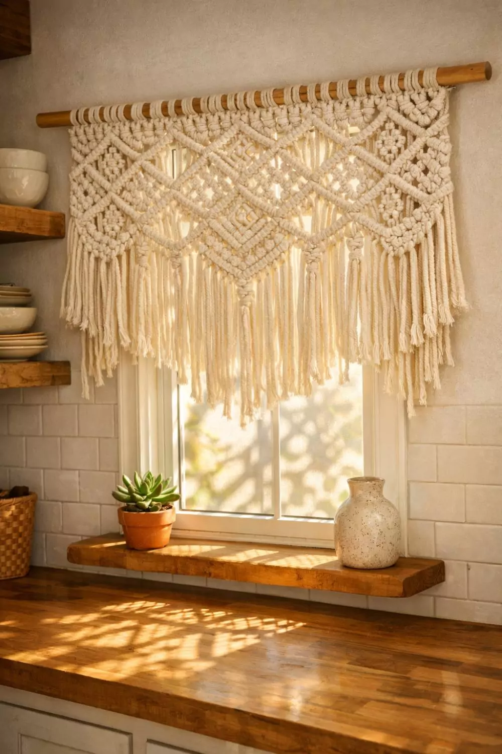 Macrame Cotton Boho Valance With Knotted Fringe Over Kitchen Window