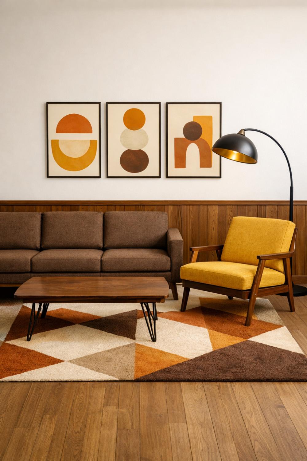 Mid Century Brown Sofa With Mustard Yellow Chair And Walnut Table