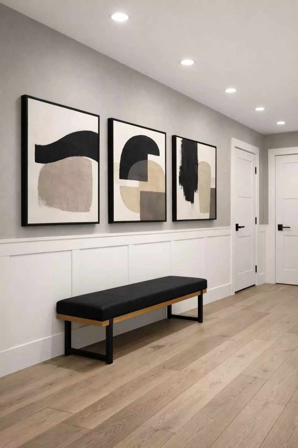 Modern Flat Panel Wainscoting Hallway With Minimalist Art